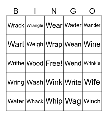 Action Verbs Start With W Bingo Card