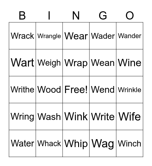 Action Verbs Start With W Bingo Card