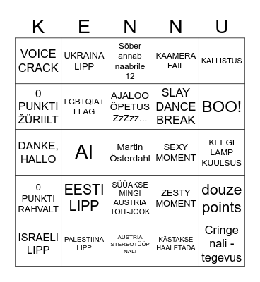 Eurovision 2026 Kennu ja Lissu Bingo Card