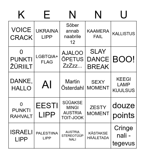 Eurovision 2026 Kennu ja Lissu Bingo Card