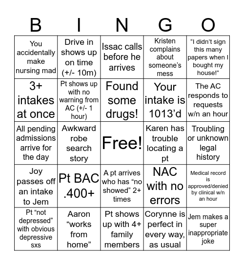 Intake Bingo! Bingo Card