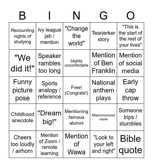 Graduation Bingo Card