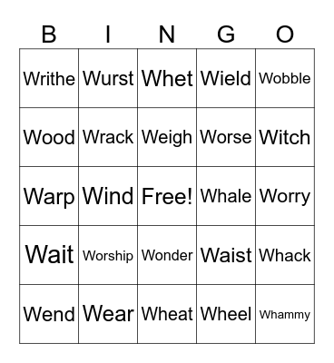 Action Verbs Start With W Bingo Card