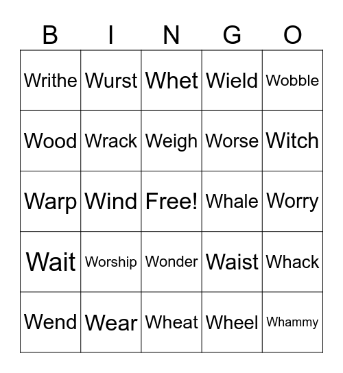 Action Verbs Start With W Bingo Card