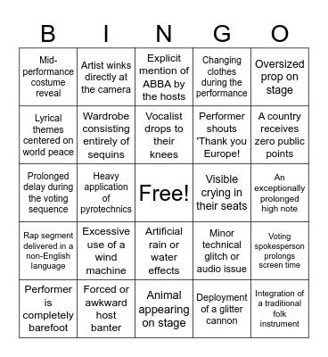 Eurovision 2026 Bingo Card
