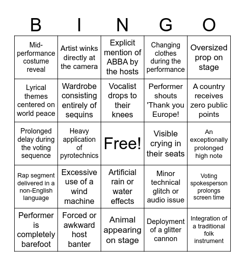 Eurovision 2026 Bingo Card