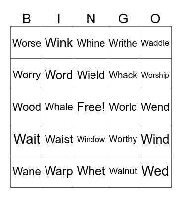 Action Verbs Start With W Bingo Card