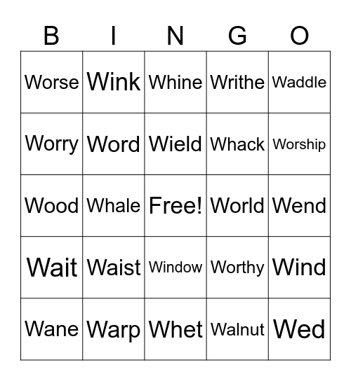 Action Verbs Start With W Bingo Card