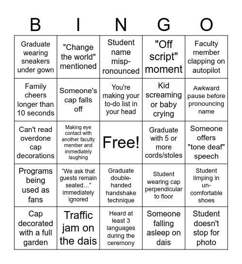 Underground Commencement Bingo Card