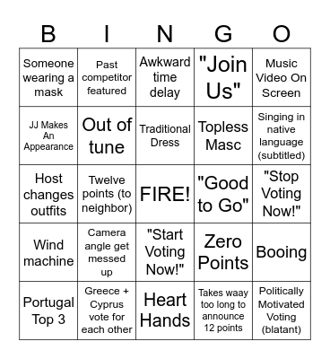 Eurovision 2026 Bingo Card