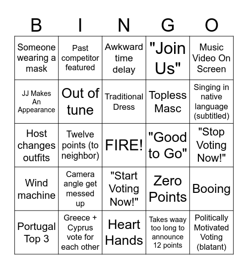Eurovision 2026 Bingo Card