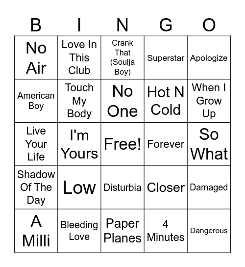 Billboard Year-End Of 2008 Bingo Card
