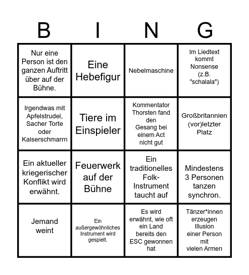 ESC 2026 Bingo Card