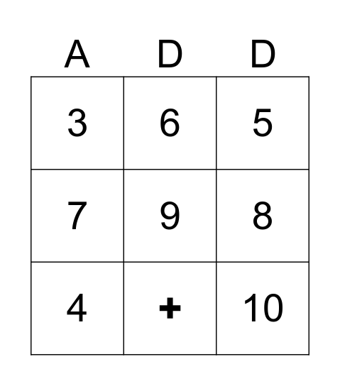 ADDITION Bingo Card