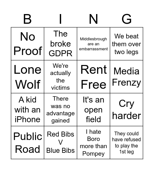 Southampton fan Bingo card Bingo Card