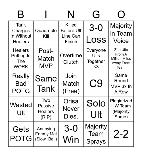 Overwatch Stadium Bingo Card