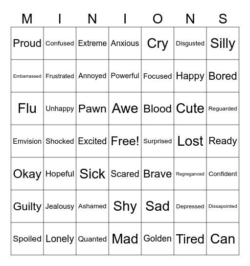 Feelings and Emotions Bingo Card