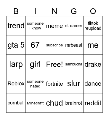 Youtube Shorts Bingo Card