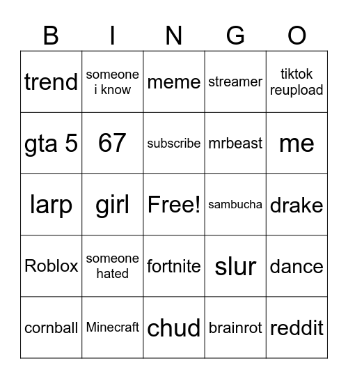 Youtube Shorts Bingo Card