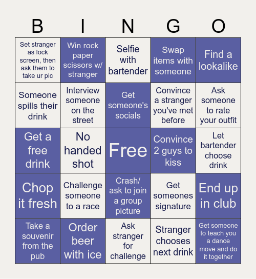 Pub crawl to club bingo Card