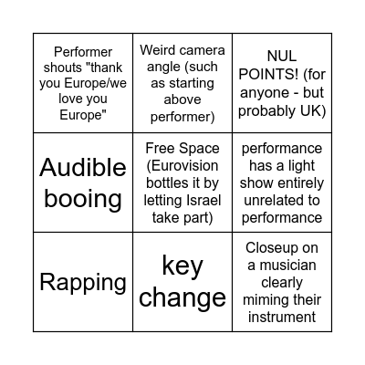 Eurovision Bingo! Bingo Card