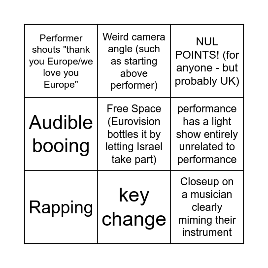 Eurovision Bingo! Bingo Card