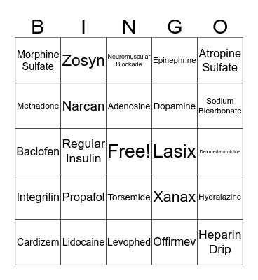 I C U Medications  Bingo Card