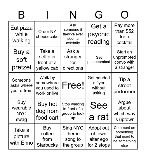 NYC Tourist Bingo Card