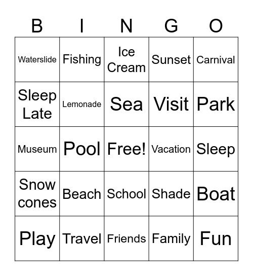 Summer Fun Bingo Card