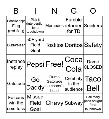 SuperBowl LI(51) 2017 Bingo Card