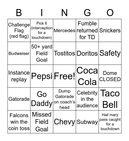 SuperBowl LI(51) 2017 Bingo Card