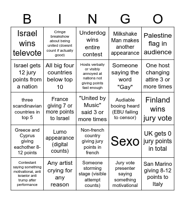 Mercy's Eurovsion Boogaloo Bingo Card