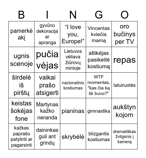 Eurovizija Bingo Card