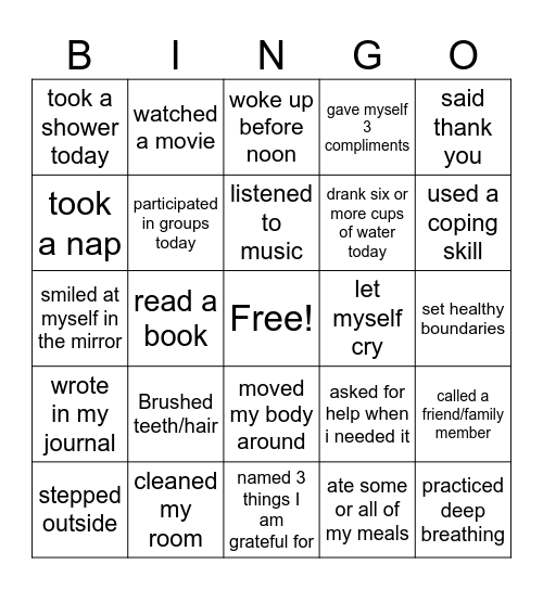 Self Care Bingo Card