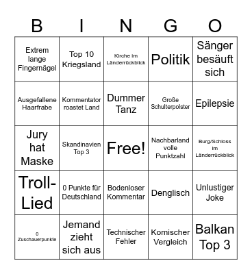 Eurovision Song Contest Bingo Card