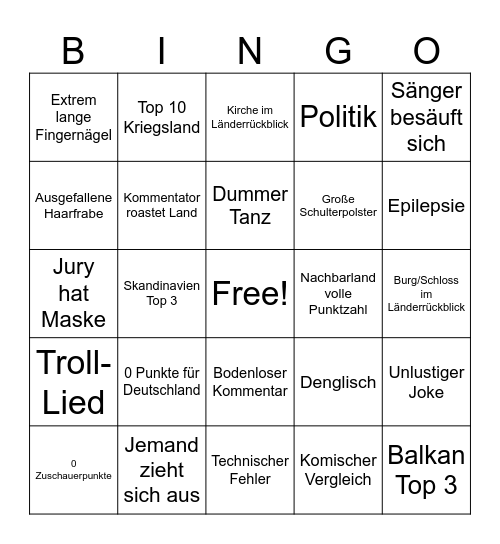 Eurovision Song Contest Bingo Card