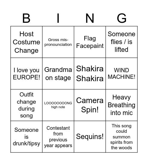 EUROVISION 2026 Bingo Card
