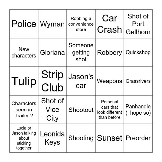 GTA VI TRAILER 3 BINGO CARD Bingo Card