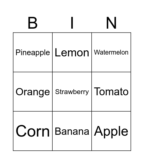 Fruits and vegetables Bingo Card