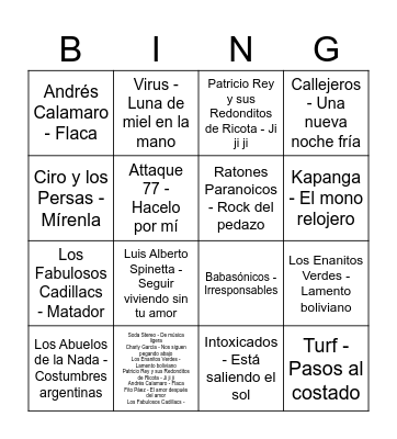 Lista 1: Rock Nacional Bingo Card