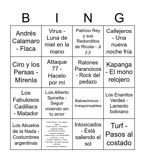 Lista 1: Rock Nacional Bingo Card
