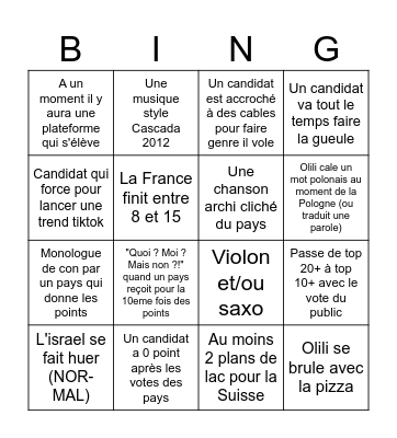 Eurovision Will Bingo Card