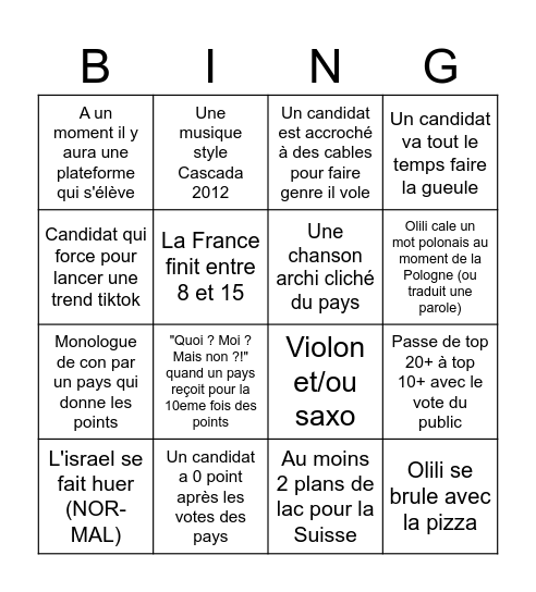 Eurovision Will Bingo Card