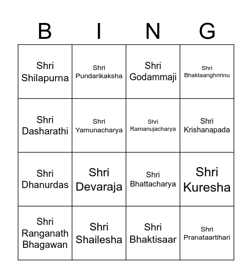 Guruparampara Bingo Card