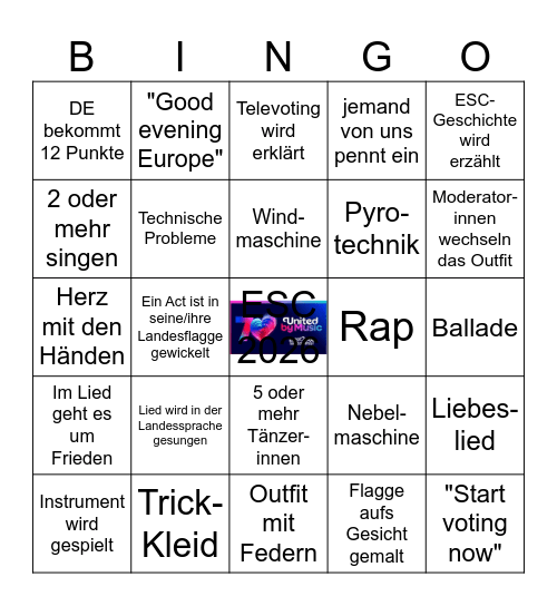 ESC Wien 2026 Bingo Card