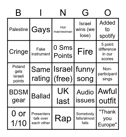 Eurovision 2026 Bingo Card