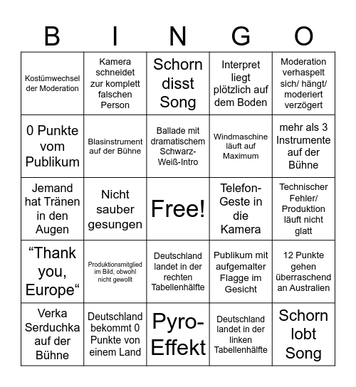 ESC Vienna 2026 Bingo Card