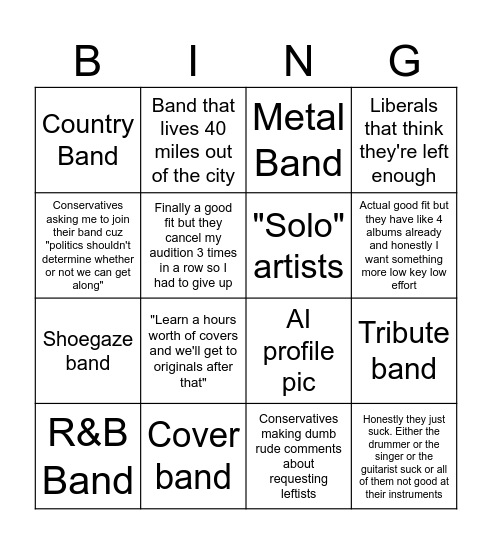 Original fun rock/indie band, Chicago proper,  be leftists Bingo Card