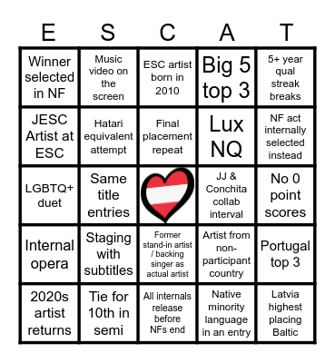 Eurovision 2026 Bingo Card