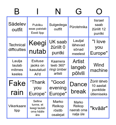 Eurovision Bingo Card